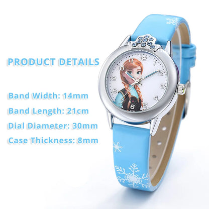 New Princess Elsa Girls Watch – Cute Frozen Cartoon Wristwatch with Leather Strap, Kids Gift Clock