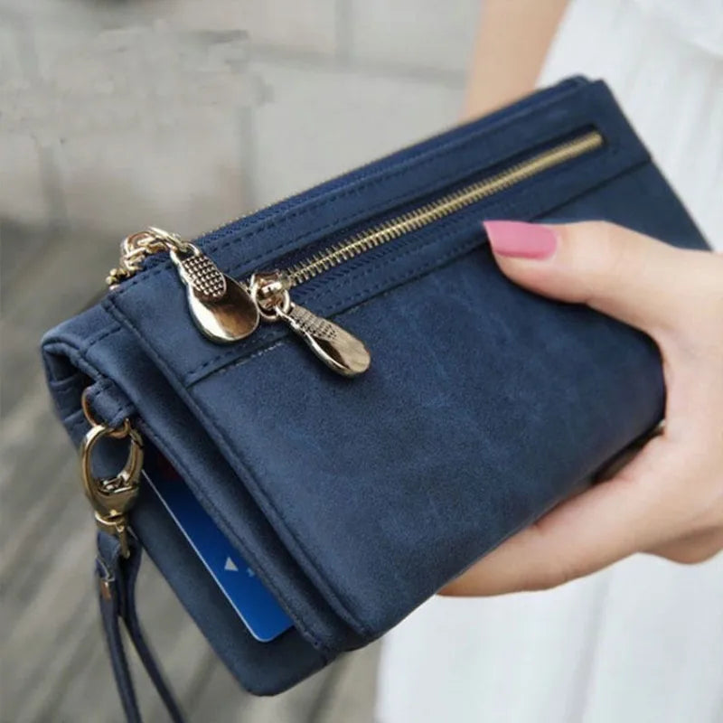 Large Capacity Women's Wallet – Dull Polish Leather, Double Zipper Clutch Wristlet with Phone, Coin & Card Holder Pockets