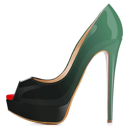 Women’s Sexy Platform Peep Toe Pumps – 14cm Stiletto Patent Leather High Heels for Party & Wedding