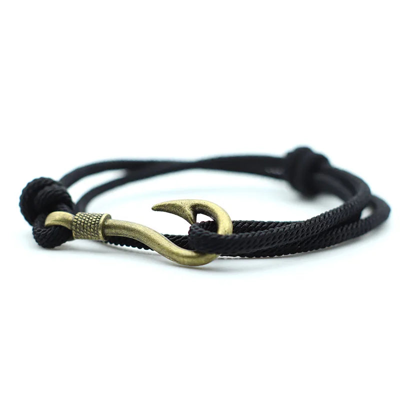 Vintage Fish Hook Men's Bracelet – Double Layer Braided Lucky Wine Red Adjustable Bracelet, Gift for Him
