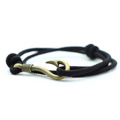 Vintage Fish Hook Men's Bracelet – Double Layer Braided Lucky Wine Red Adjustable Bracelet, Gift for Him