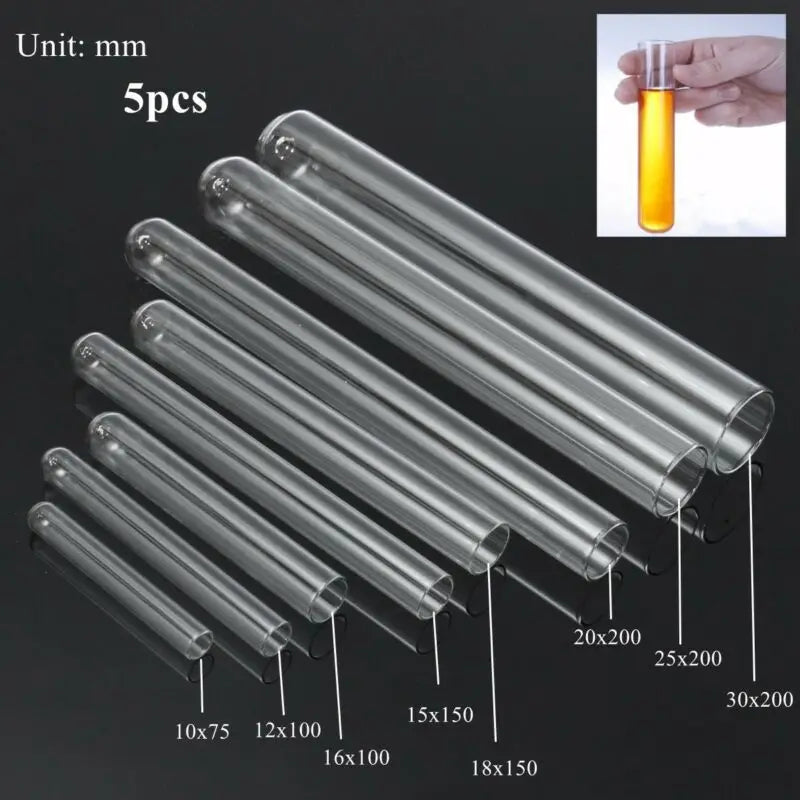 5-Piece Borosilicate Glass Test Tubes — Transparent U-Shaped Bottom, 10mm–30mm, Laboratory & School Educational Supplies