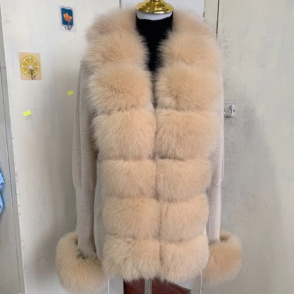 Women’s Spring & Autumn Sweater Cardigan – Real Fox Fur Collar Jacket, Natural Fur Outerwear