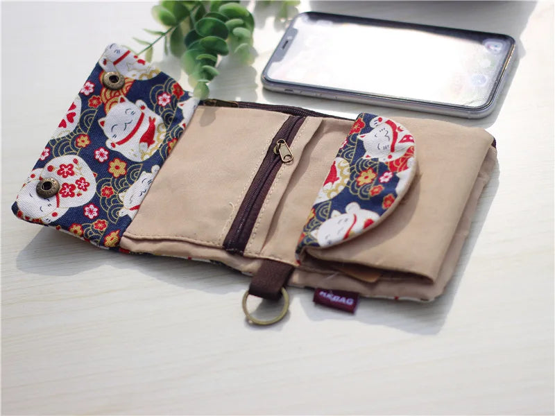 Handmade Three-Fold Fabric Wallet — Short Zipper Purse for Women & Men, Multi-Function Card & Key Holder for Teens