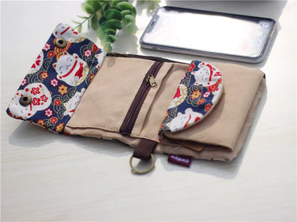 Handmade Three-Fold Fabric Wallet — Short Zipper Purse for Women & Men, Multi-Function Card & Key Holder for Teens
