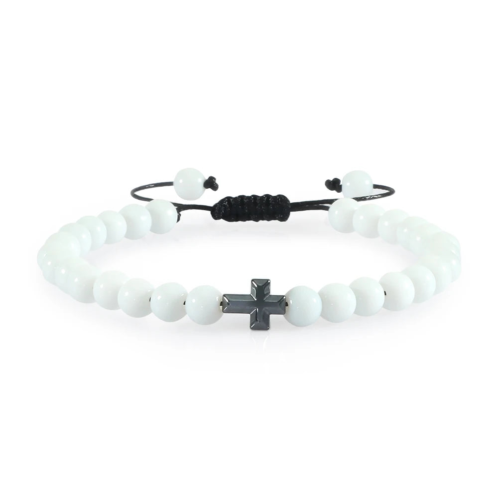 Natural Stone Bead Cross Bracelet - 6mm Braided Christian Prayer Jewelry with Jesus Charm for Men & Women