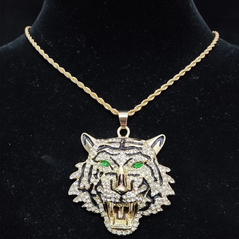 3D Tiger Pendant Necklace - Iced Out Crystal Cuban Chain Hip Hop Jewelry for Men & Women