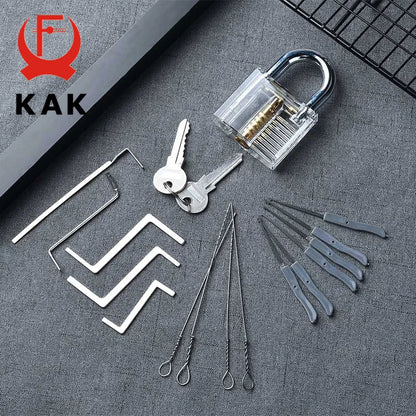 KAK Transparent Practice Padlock Set - Cutaway Training Lock with Broken Key Extractor Hooks and Locksmith Tools
