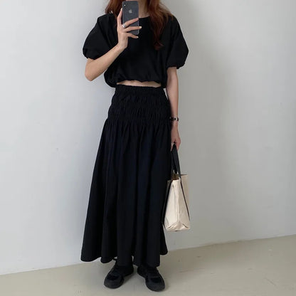 Oversized Summer Women’s 2-Piece Skirt Set – Puff Sleeve Crop Top & Pleated A-Line Long Skirt