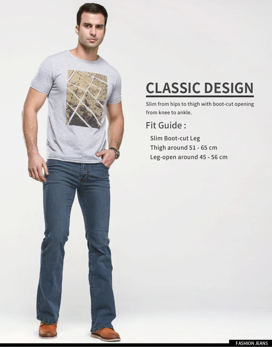 Men’s Bootcut Jeans — Slim Fit Stretch Denim Pants Slightly Flared Classic Designer Trousers Blue Black