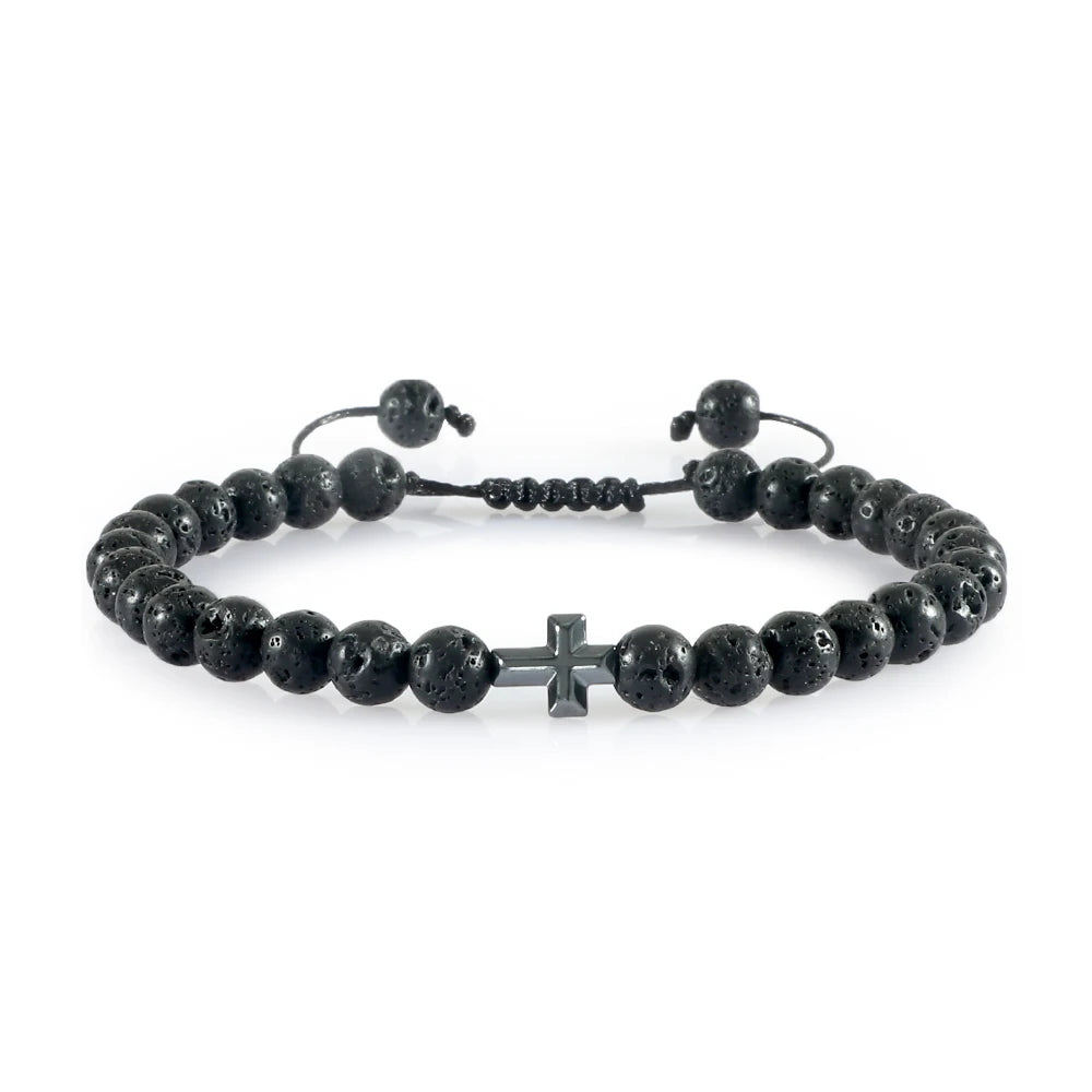 Natural Stone Bead Cross Bracelet - 6mm Braided Christian Prayer Jewelry with Jesus Charm for Men & Women