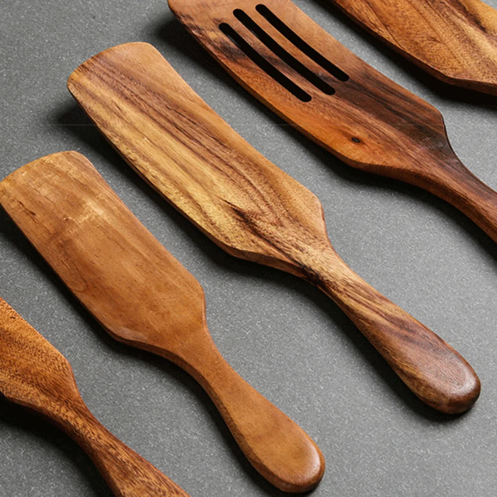 1-7pcs Teak Wood Tableware Set – Natural Wooden Spoons, Colander Spoon & Soup Skimmer Cooking Tool Kit