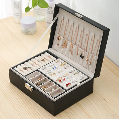 Double-Layer Wooden Jewelry Box – PU Leather Ring & Accessory Organizer with Storage and Makeup Case