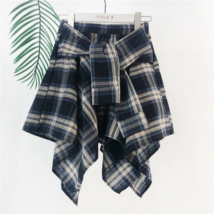TOTRUST Women’s Fashion Asymmetrical Summer Plaid Mini Skirt – Casual College Style Fake Shirt Design