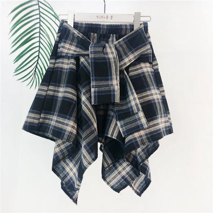 TOTRUST Women’s Fashion Asymmetrical Summer Plaid Mini Skirt – Casual College Style Fake Shirt Design