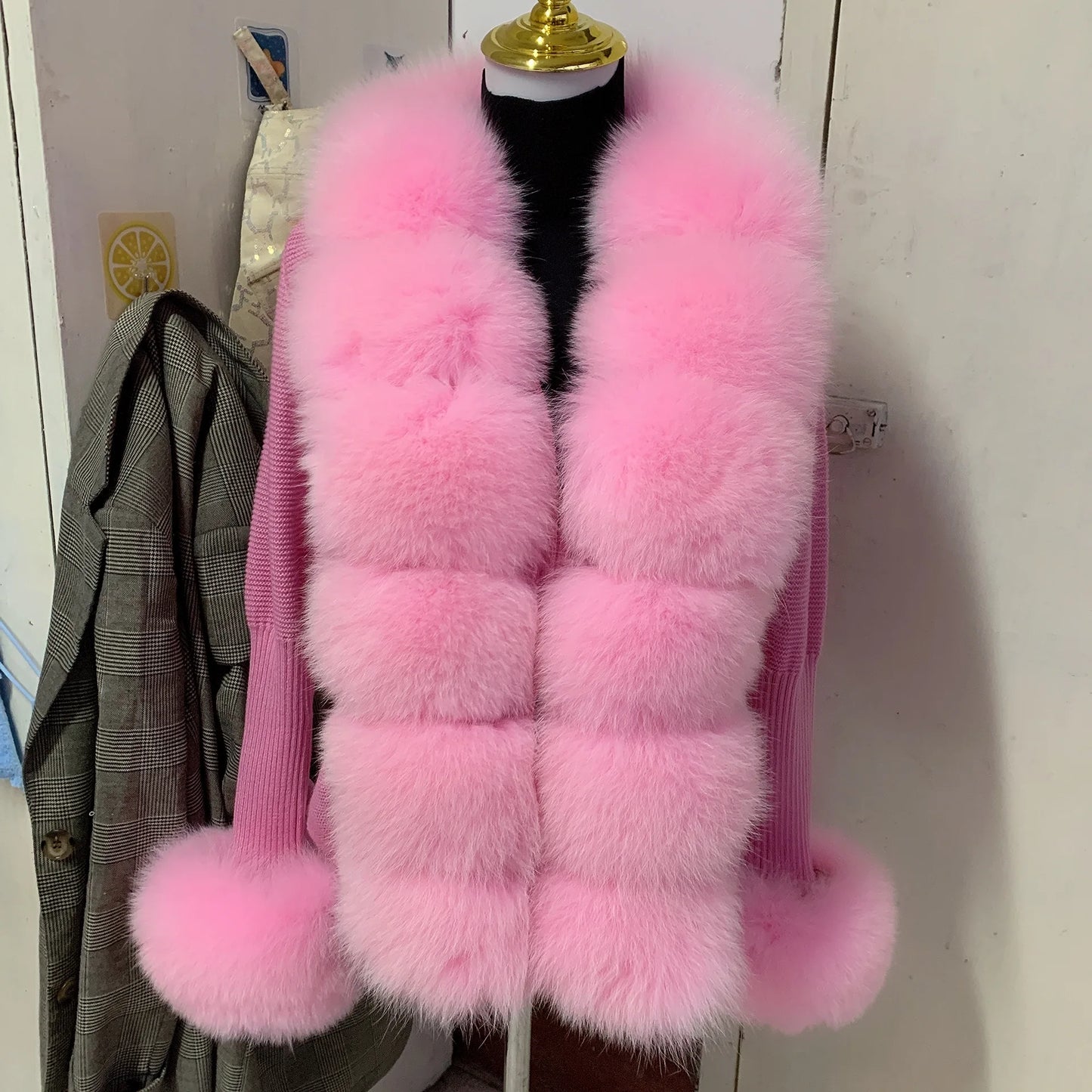 Women’s Spring & Autumn Sweater Cardigan – Real Fox Fur Collar Jacket, Natural Fur Outerwear