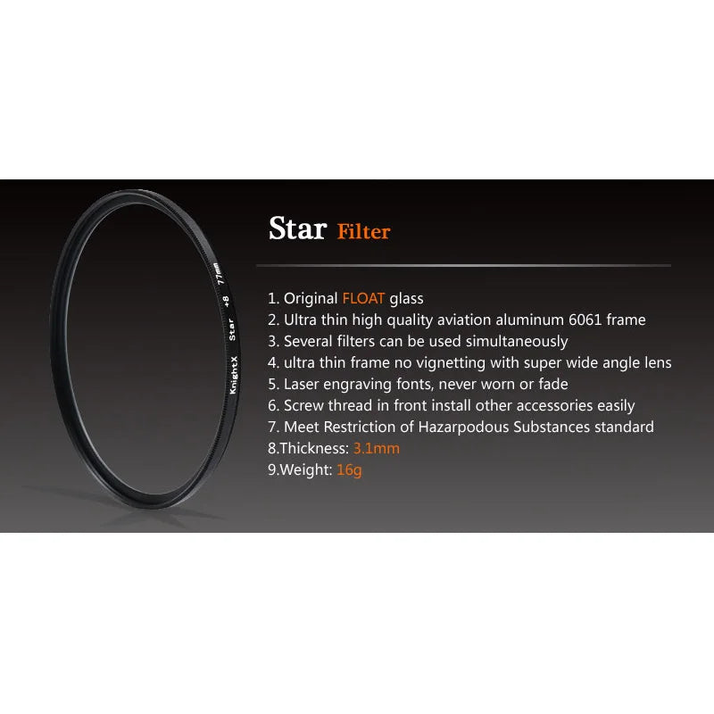 KnightX Star Line Camera Lens Filter - 4, 6, 8 Star Effects, Compatible with Canon, Sony, Nikon DSLR (52mm, 58mm, 67mm)