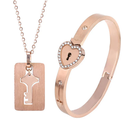 Couple Jewelry Set – Stainless Steel Love Heart Lock Bracelets & Key Pendant Necklace for Men & Women Gift