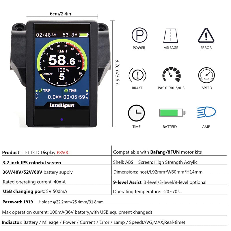 P850C Electric Bicycle Indicator – Full-Color LCD BF-UART Display for Bafang Mid Hub Motor, 36V-60V E-Bike