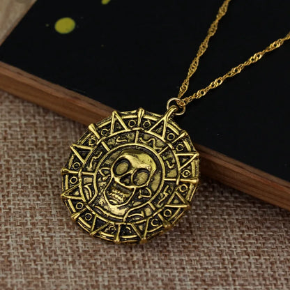 Caribbean Pirates Aztec Gold Coin Necklace – Retro Skull Pendant, Punk Hip Hop Movie Accessory