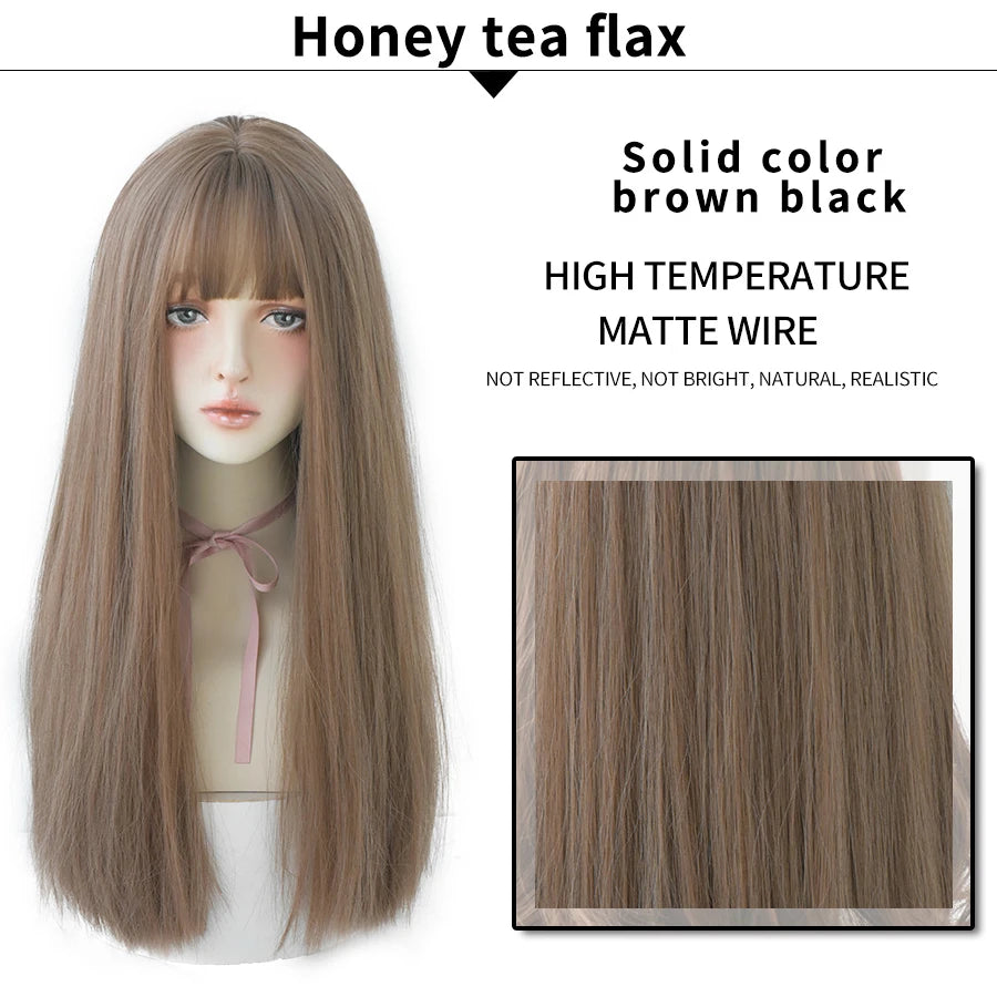 7JHHWIGS Long Straight Light Brown Synthetic Wig with Bangs – Heat-Resistant Daily Wear Wig for Women