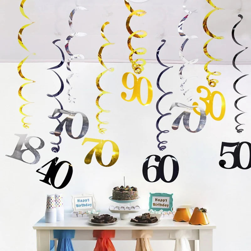 6pcs Spiral Birthday Swirls Hanging Ornaments - Black, Gold, Silver for 18, 21, 25, 30, 40, 50, 60, 70, 80, 90 Years Old, Birthday Decor