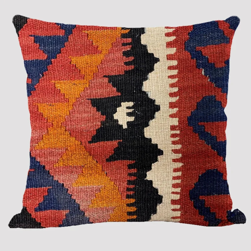 Bohemian Linen Cushion Cover – Multicolor Ethnic Geometric Pattern Decorative Pillow for Living Room Sofa