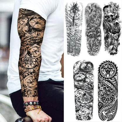Temporary Tattoo Sleeve - Realistic Full Arm Skull Angel Maori Design Tattoo Sticker for Men & Women