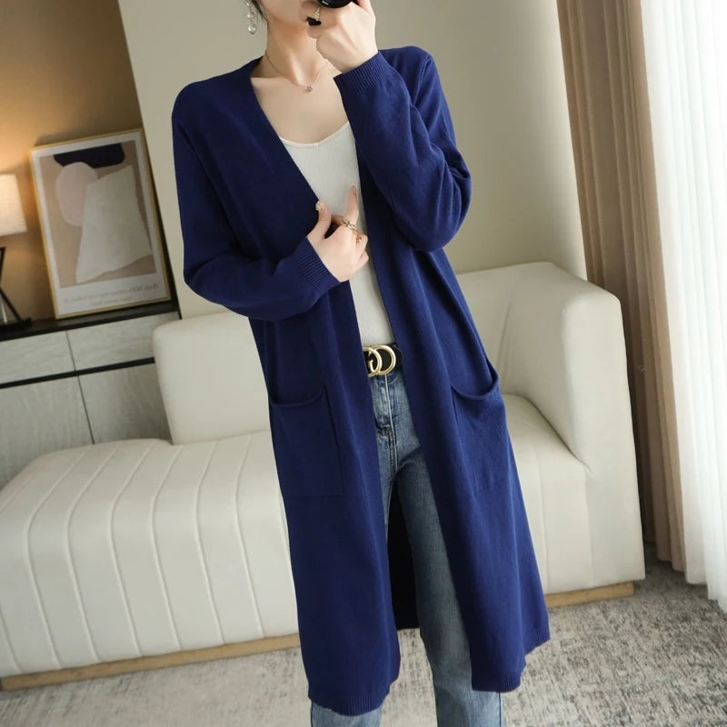YSC Women’s Knitted Cashmere Wool Blend Cardigan – V-Neck, Long Buttonless Style with Pocket Trim