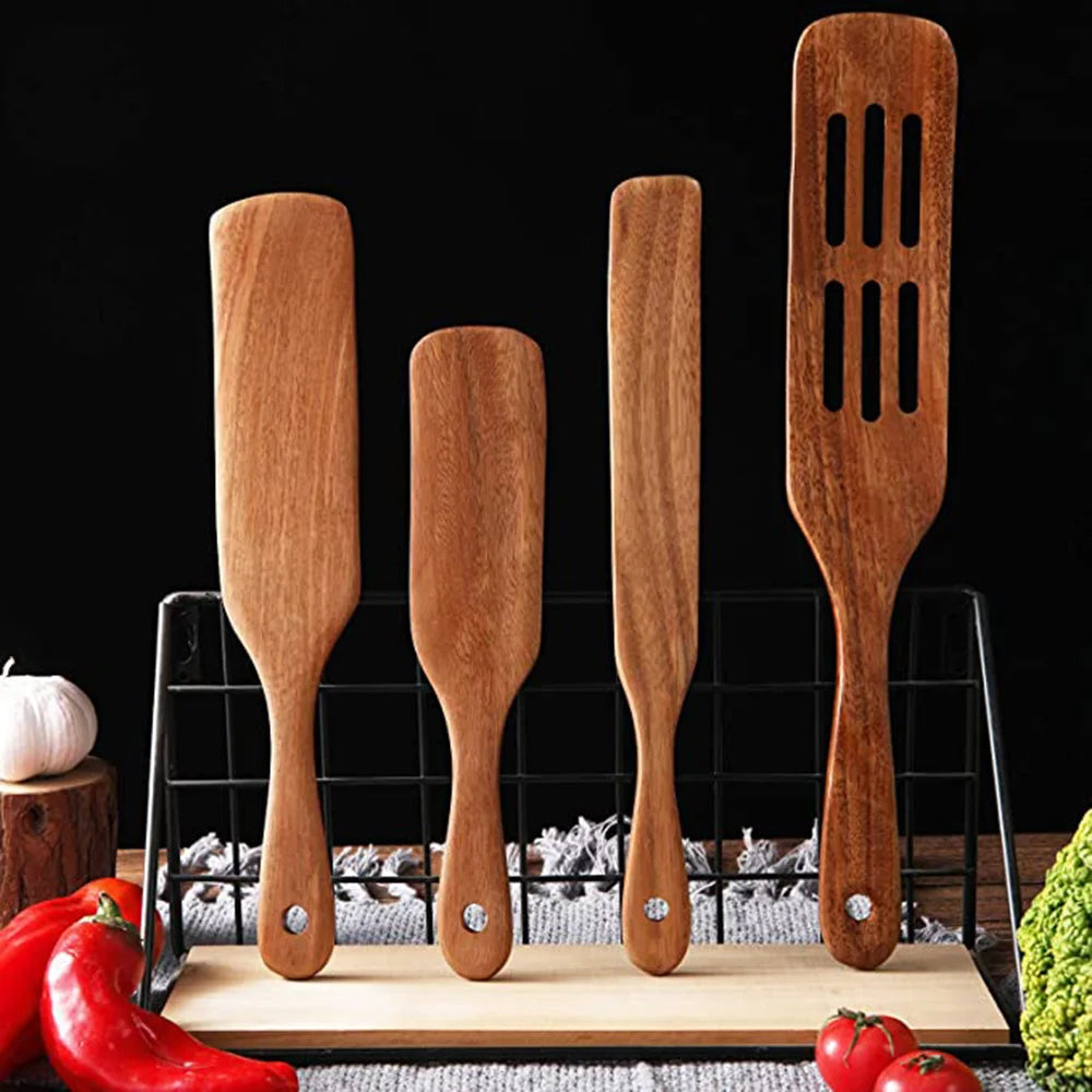 1-9pcs Teak Wood Tableware Set – Natural Wooden Cooking Spoons, Colander Spoon & Soup Skimmer Kitchen Tool Kit