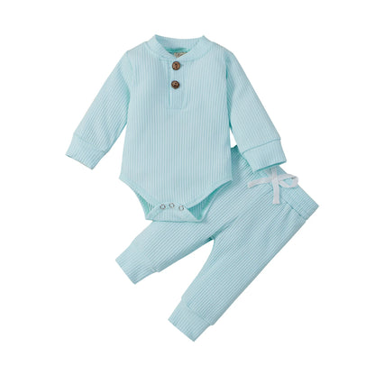 Unisex Baby 2-Piece Outfit Set - Long-Sleeve Ribbed or Plaid Bodysuit with Elastic Pants for Spring & Autumn