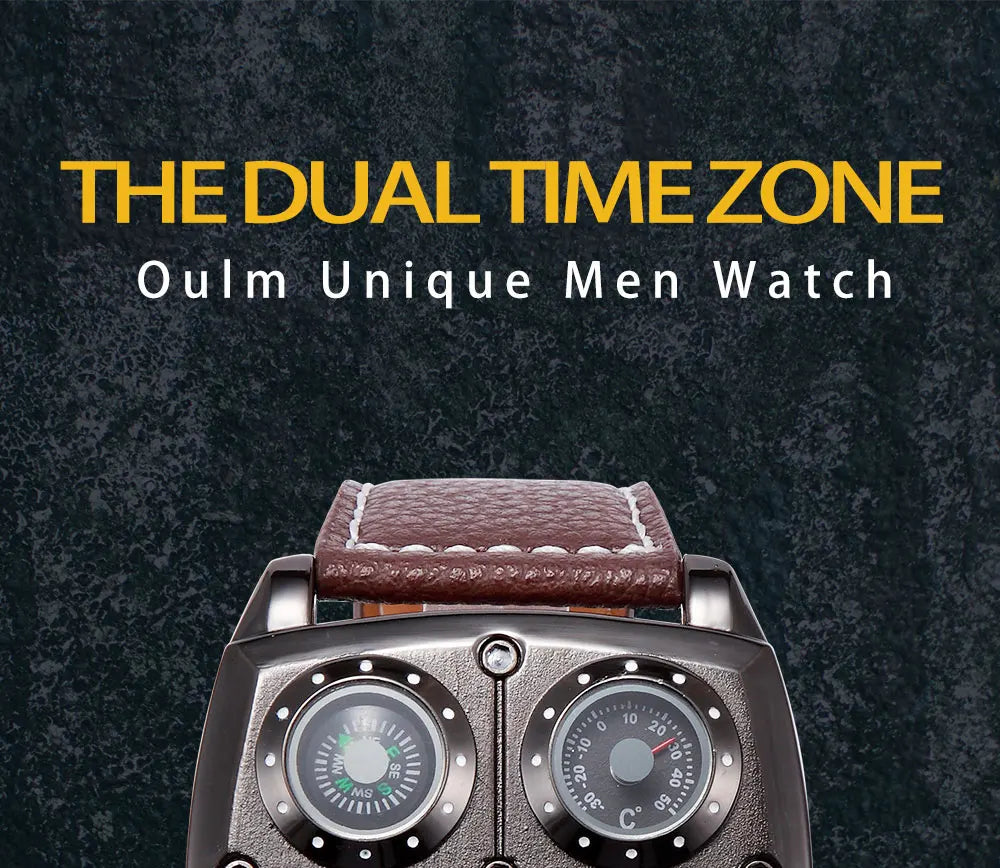 Oulm Men’s Two Time Zone Army Pilot Watch — Large Military Quartz Leather Strap Wristwatch
