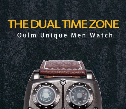 Oulm Men’s Two Time Zone Army Pilot Watch — Large Military Quartz Leather Strap Wristwatch