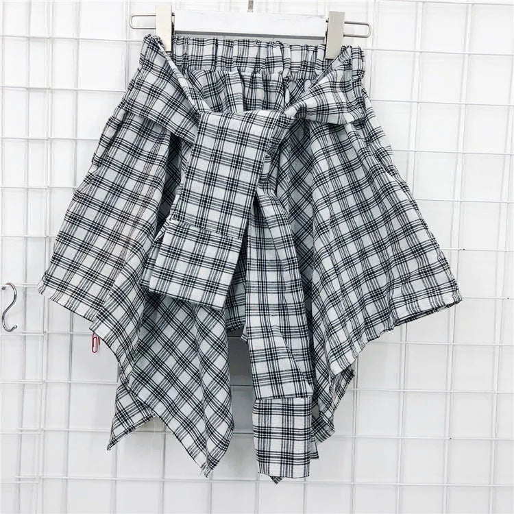 TOTRUST Women’s Fashion Asymmetrical Summer Plaid Mini Skirt – Casual College Style Fake Shirt Design