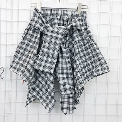 TOTRUST Women’s Fashion Asymmetrical Summer Plaid Mini Skirt – Casual College Style Fake Shirt Design