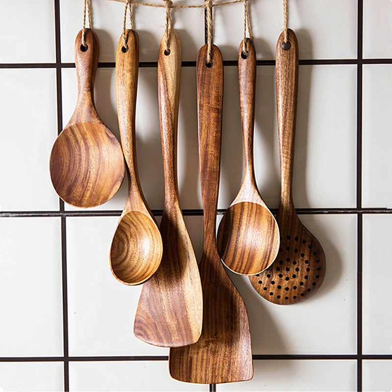 1-9pcs Teak Wood Tableware Set – Natural Wooden Cooking Spoons, Colander Spoon & Soup Skimmer Kitchen Tool Kit