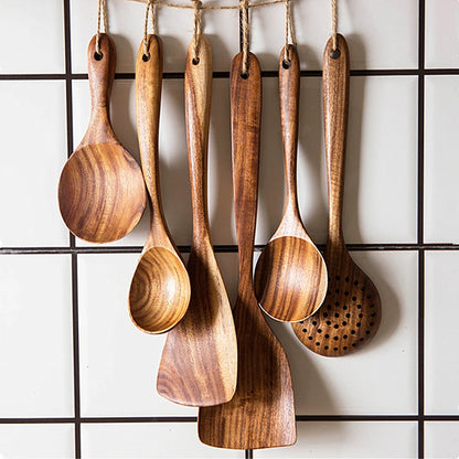 1-9pcs Teak Wood Tableware Set – Natural Wooden Cooking Spoons, Colander Spoon & Soup Skimmer Kitchen Tool Kit