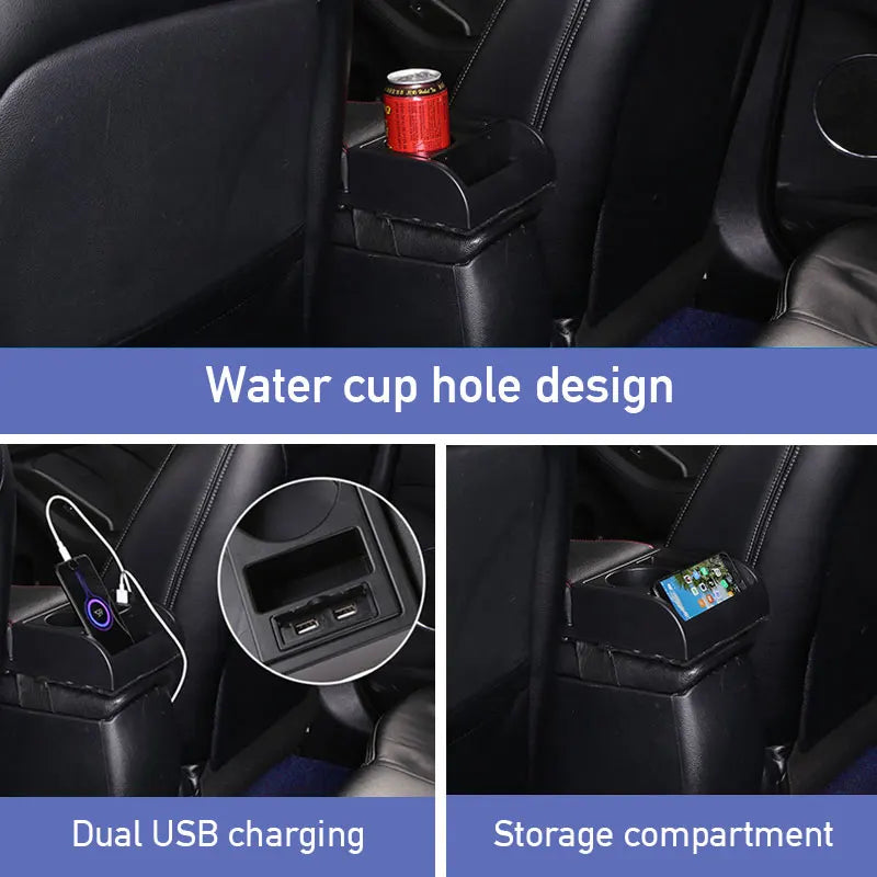 SEAMETAL Car Armrest Box Cushion – Adjustable Soft Elbow Support with USB Charging & Cup Holder Universal Interior Accessory