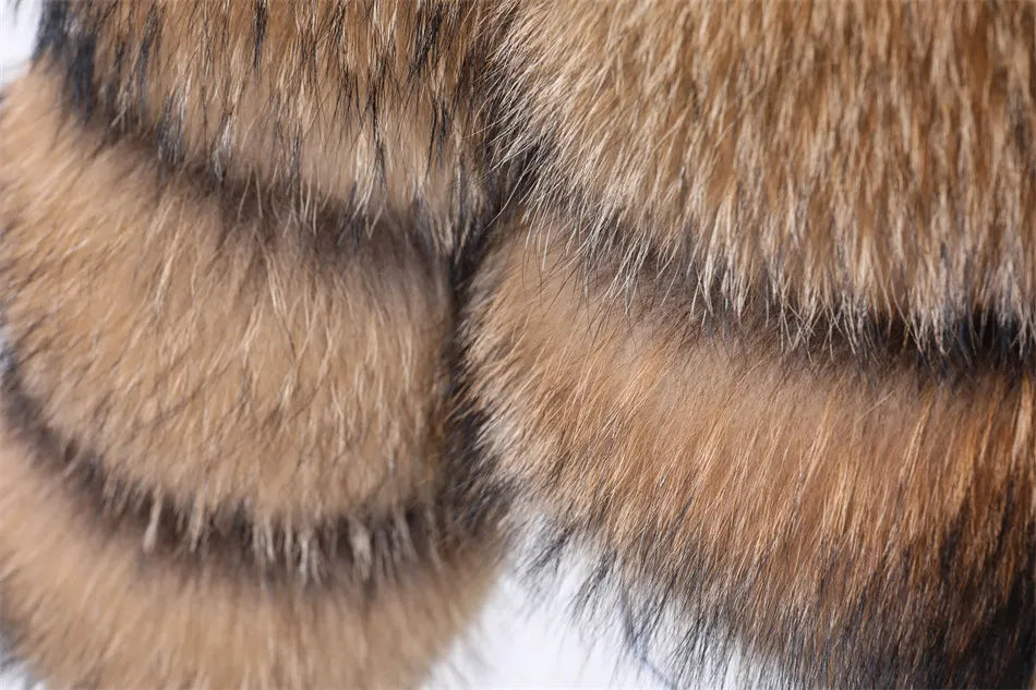 2025 Maomaokong Women’s Real Fur Coat – Natural Raccoon & Fox Fur Jacket with Hood, Warm Winter Outerwear