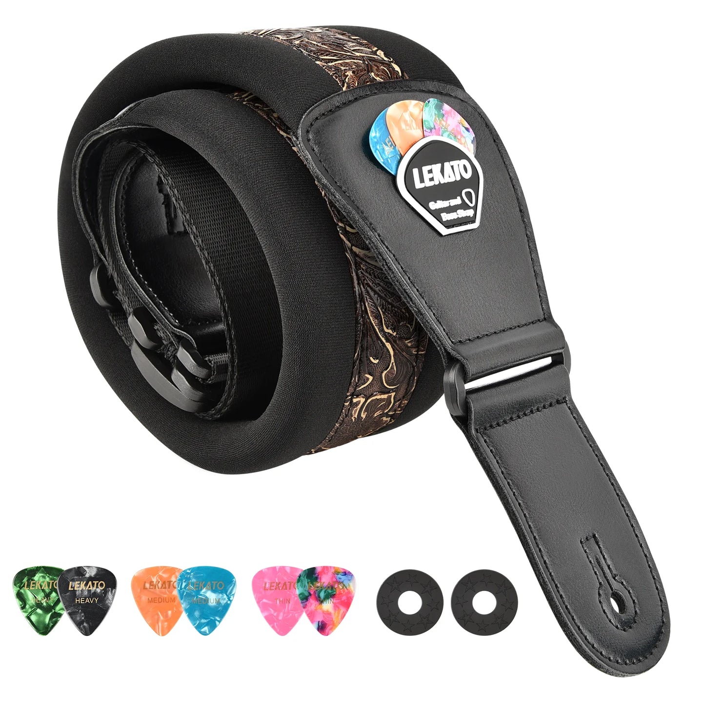 LEKATO LGS-2 Bass Guitar Strap – Adjustable Cowhide Strap with 6 Picks, Acoustic & Electric Bass Guitar Belt, Accessories