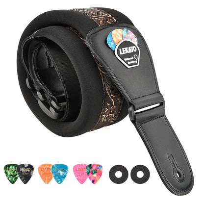 LEKATO LGS-2 Bass Guitar Strap – Adjustable Cowhide Strap with 6 Picks, Acoustic & Electric Bass Guitar Belt, Accessories