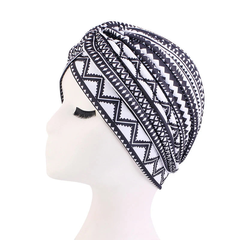 African Print Turban Head Wrap - Soft Stretch Twisted Pleated Beanie Bonnet for Women, Headtie & Chemo Cap