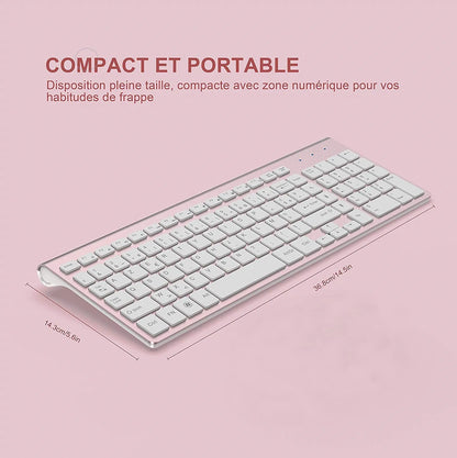 Wireless AZERTY Keyboard 2.4G USB — Ultra-Thin, Silent, Ergonomic French Keyboard for PC & Laptop, Pink/Grey/Silver