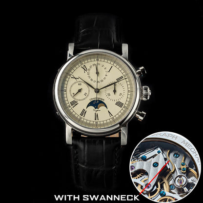 Sugess ST1908 Mechanical Chronograph Watch for Men – Swan Neck Movement, Moonphase Calendar, Vintage Leather Strap, 2023 Model