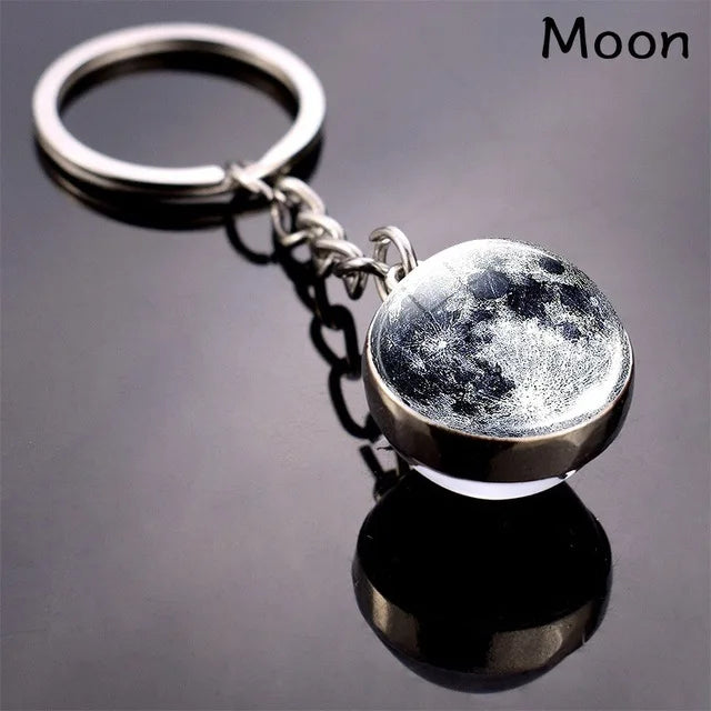 Solar System Planet Keyring — Double-Sided Glass Ball Space Keychain with Moon, Earth, Sun, Mars Galaxy Nebula Art for Car