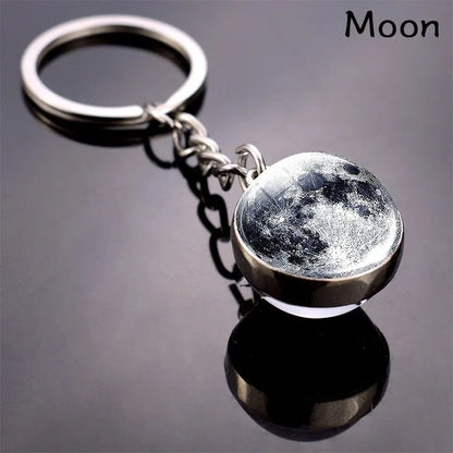 Solar System Planet Keyring — Double-Sided Glass Ball Space Keychain with Moon, Earth, Sun, Mars Galaxy Nebula Art for Car