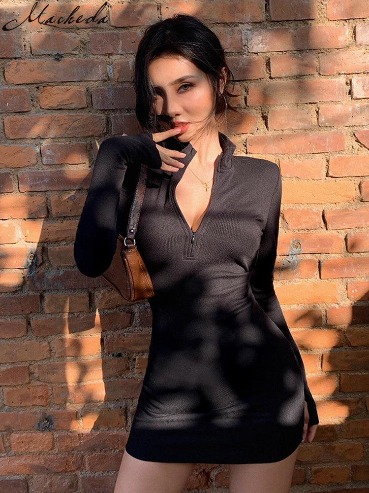 Elegant Black Turtleneck Bodycon Dress for Autumn/Winter | Slim Ribbed Knitted Style | Women's Long Sleeve Mini Dress by Macheda