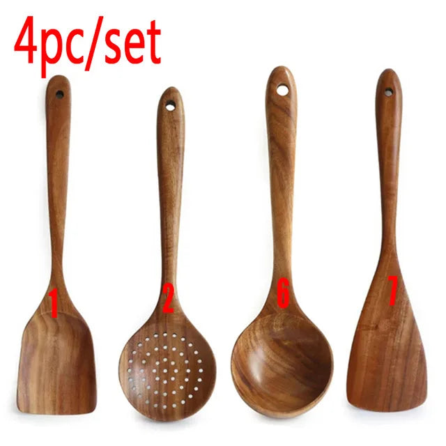 1-7pcs Teak Wood Tableware Set – Natural Wooden Spoons, Colander Spoon & Soup Skimmer Cooking Tool Kit