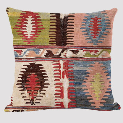 Bohemian Linen Cushion Cover – Multicolor Ethnic Geometric Pattern Decorative Pillow for Living Room Sofa