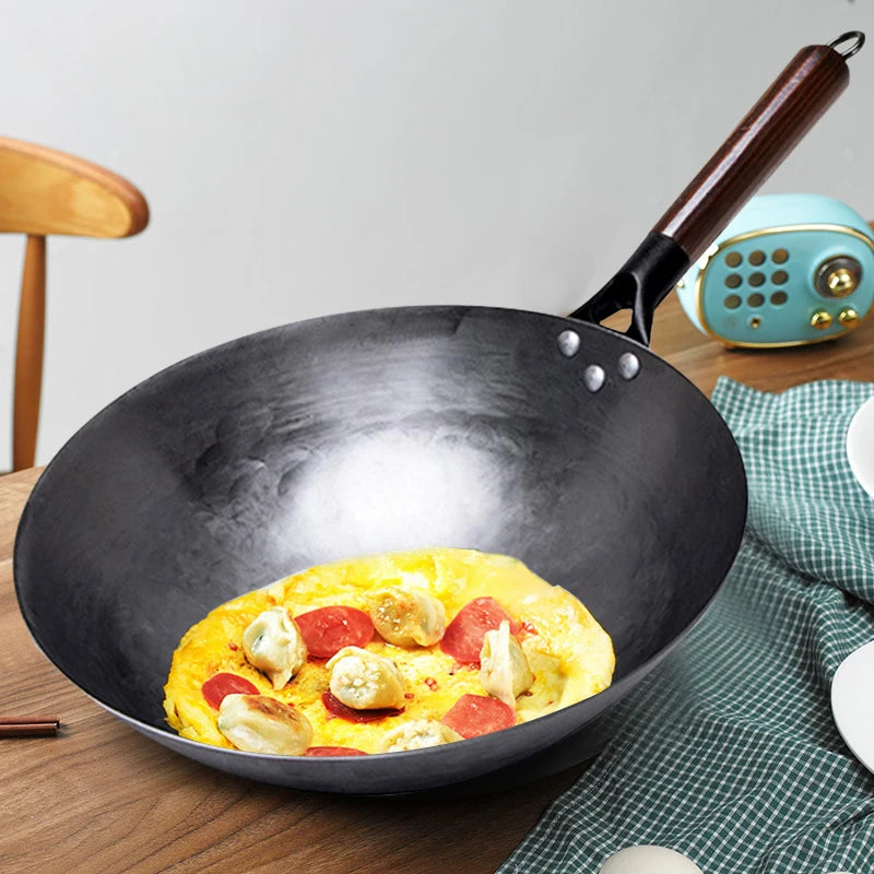 Hand Forged Household Iron Wok, Pure Iron Pan with Wooden Handle, Non-Coating, Non-Stick, for Gas Cooker